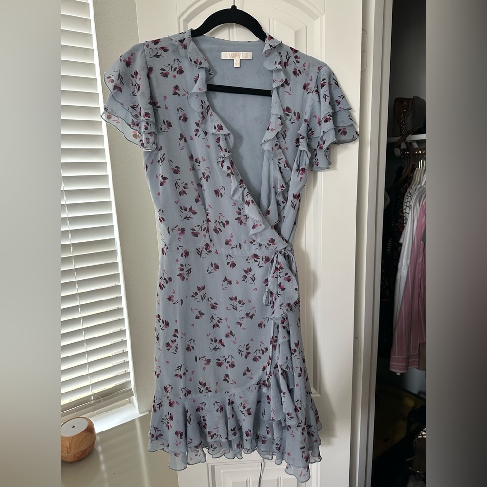 WAYF blue floral wrap dress size small
